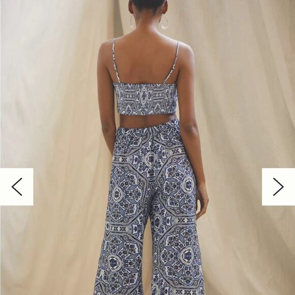 Ranna Gill Tie-Back Cut Out Jumpsuit L Boho Floral Wide Leg Smocked Resortwear - Picture 4 of 8